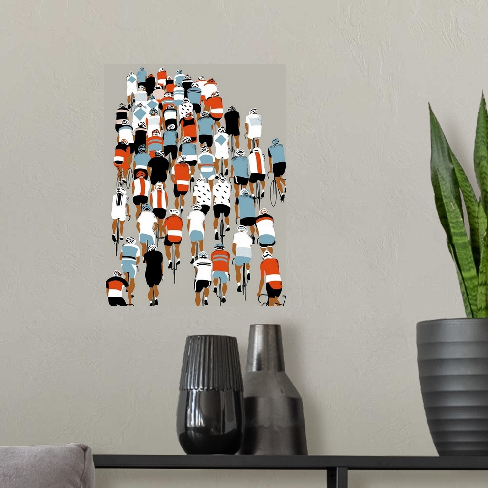 A modern room featuring Contemporary painting of cyclists riding together in a large group.