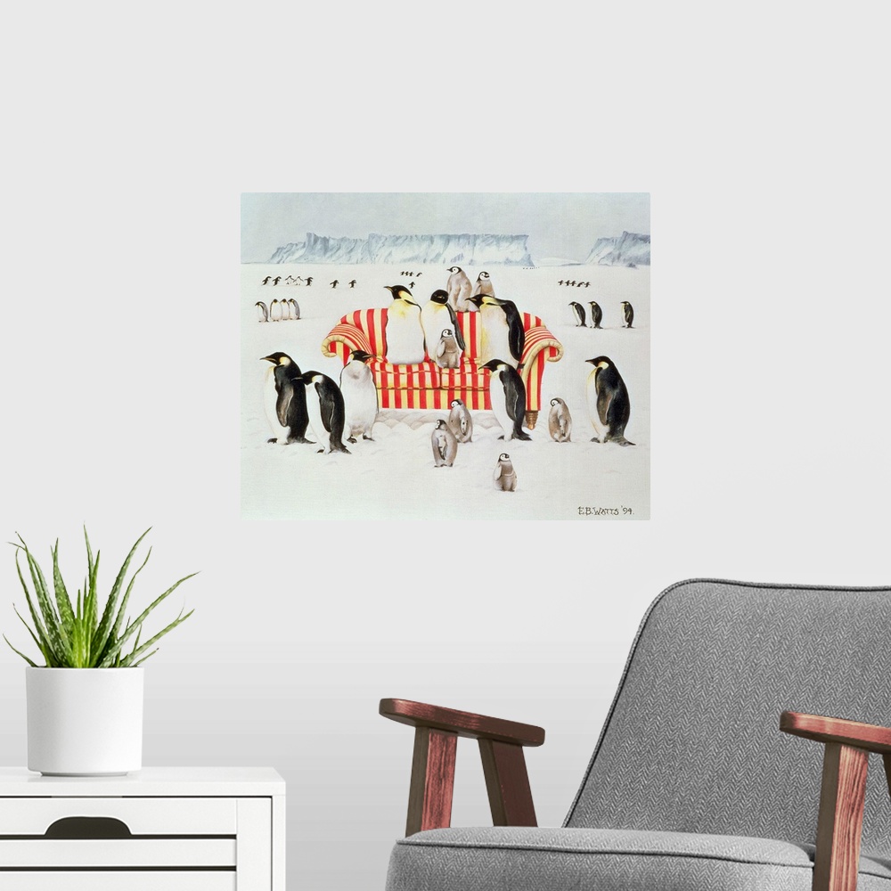 A modern room featuring Penguins on a Red and White Sofa, 1994