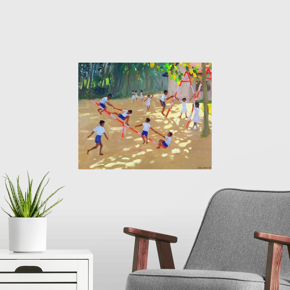 A modern room featuring Contemporary painting of children playing on a playground.