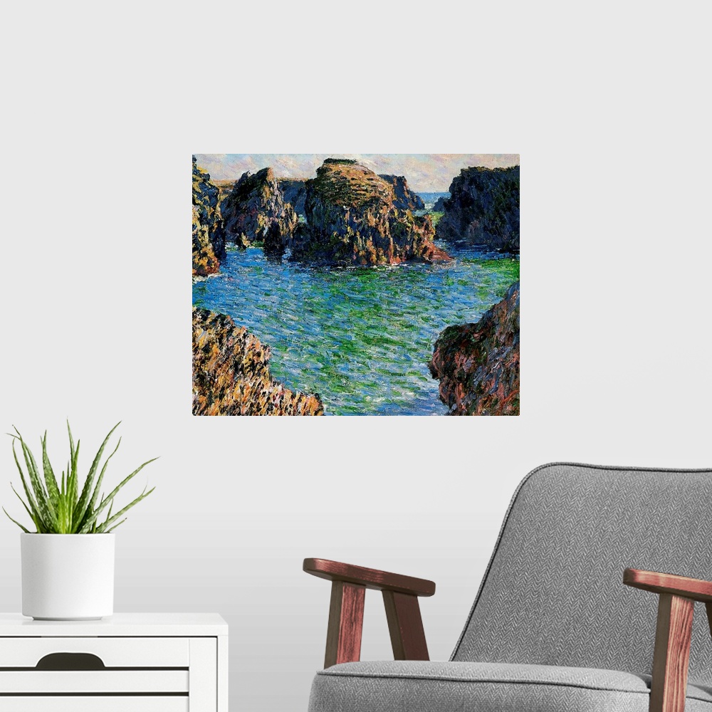 A modern room featuring Big oil painting on canvas of large rock formations surrounded by water in the ocean.