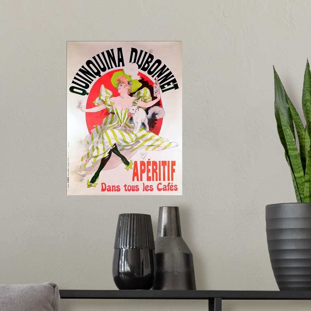 A modern room featuring XIR139138 Poster advertising 'Quinquina Dubonnet' aperitif, 1895 (colour litho)  by Cheret, Jules...