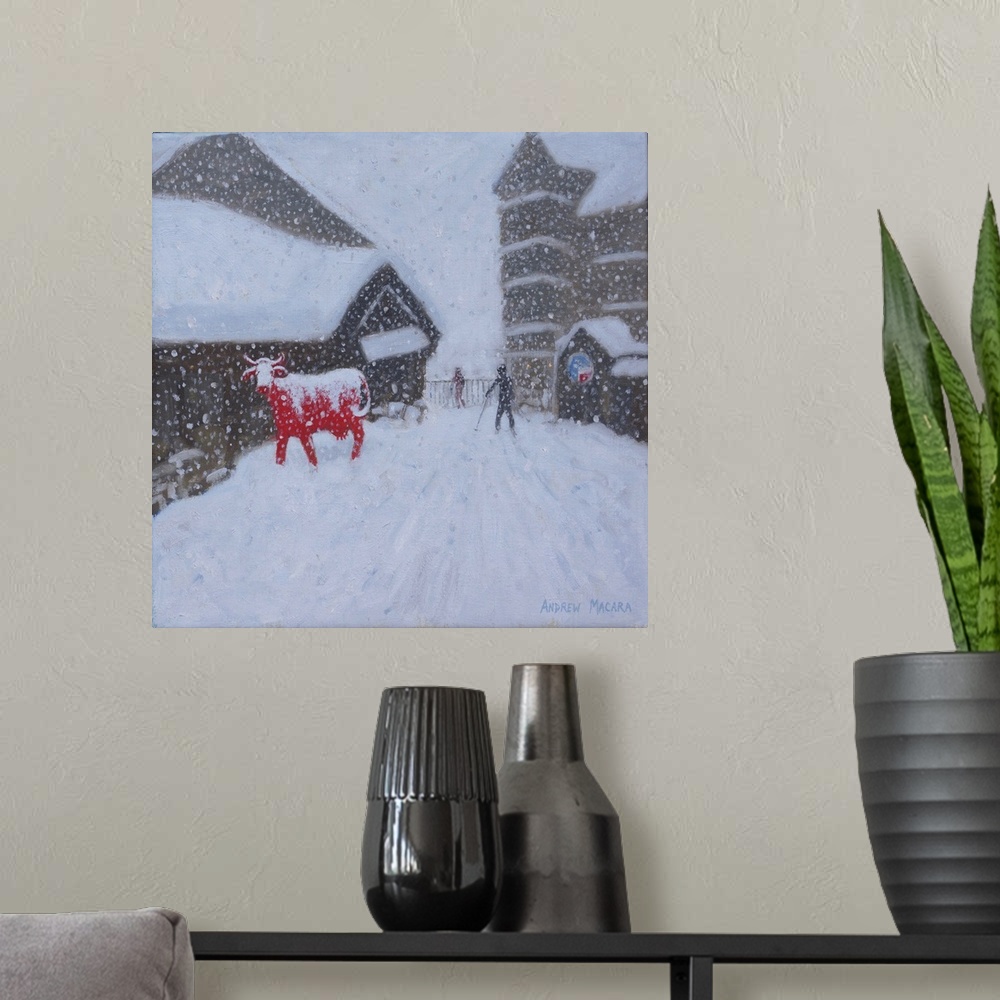 A modern room featuring Red Cow, Les Arcs. 2018 (originally oil on canvas) by Macara, Andrew