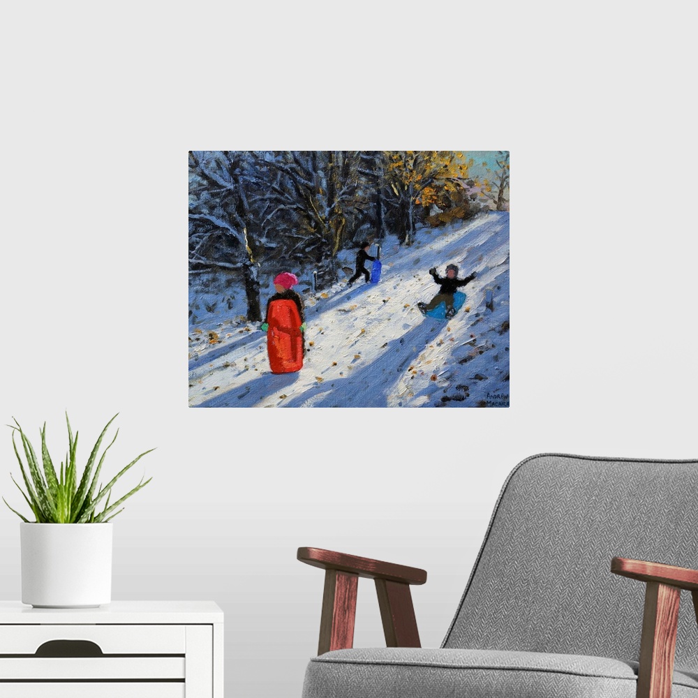 A modern room featuring Contemporary painting of children sledding down a hill in the snow.