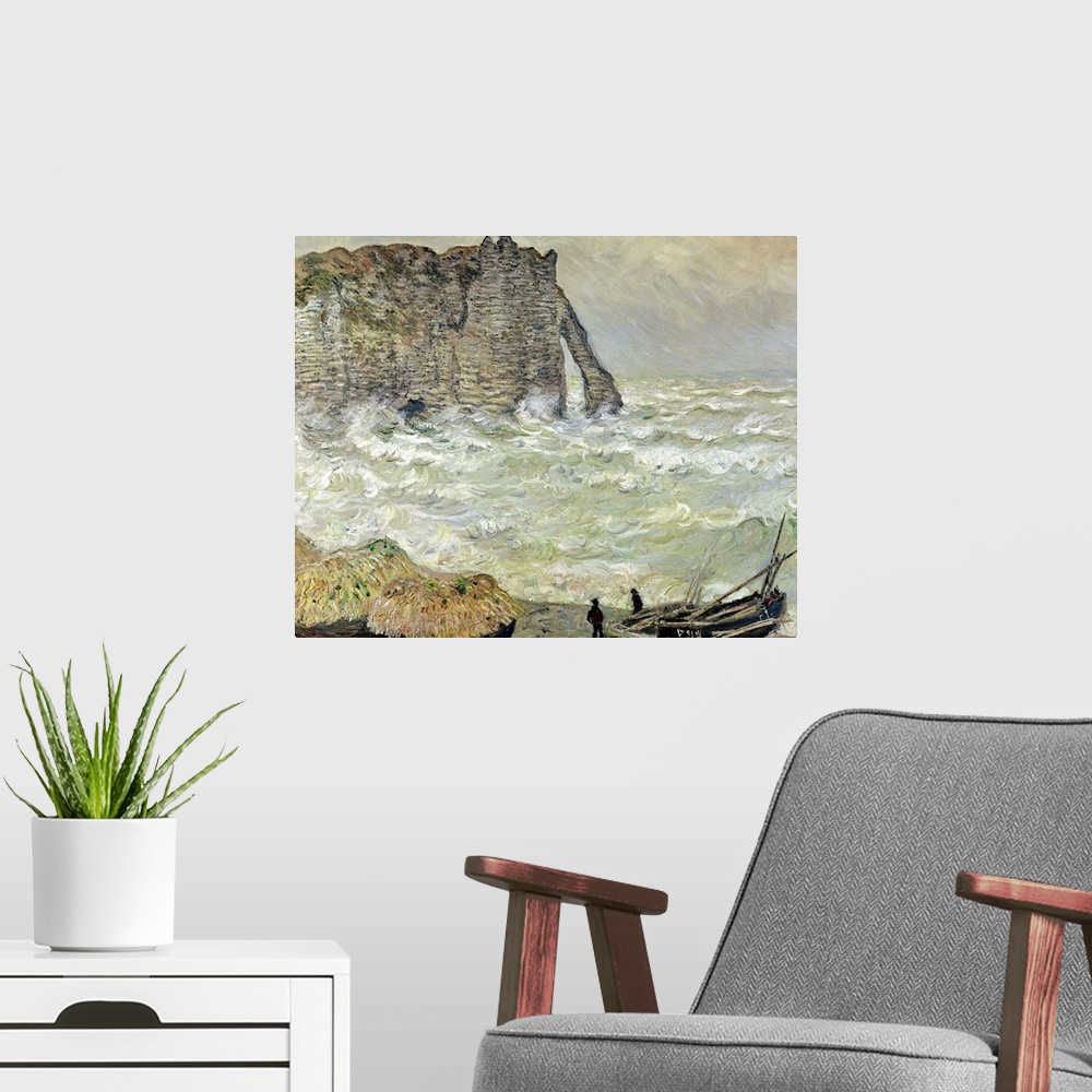 A modern room featuring A painting by Claude Monet of two men standing by beached boats as rough waves pound the beach an...