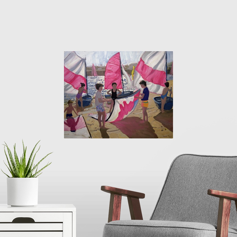 A modern room featuring This piece of classic artwork shows several children on the beach as they attach their sails to t...