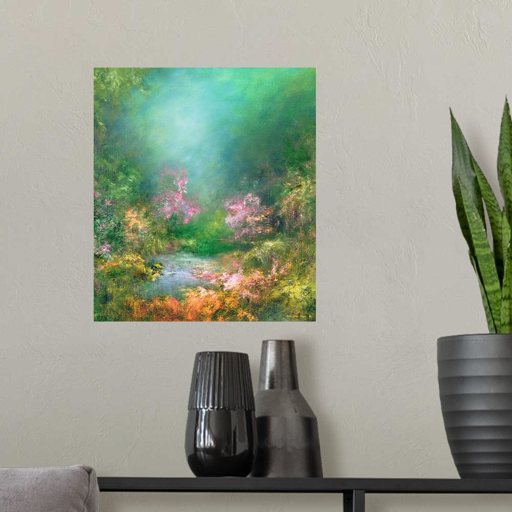 A modern room featuring Contemporary painting of a serene garden.