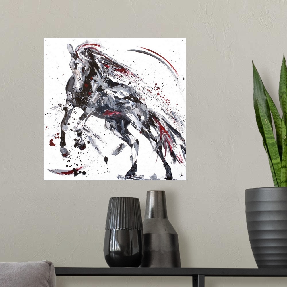 A modern room featuring Contemporary painting of a horse using black and tones.