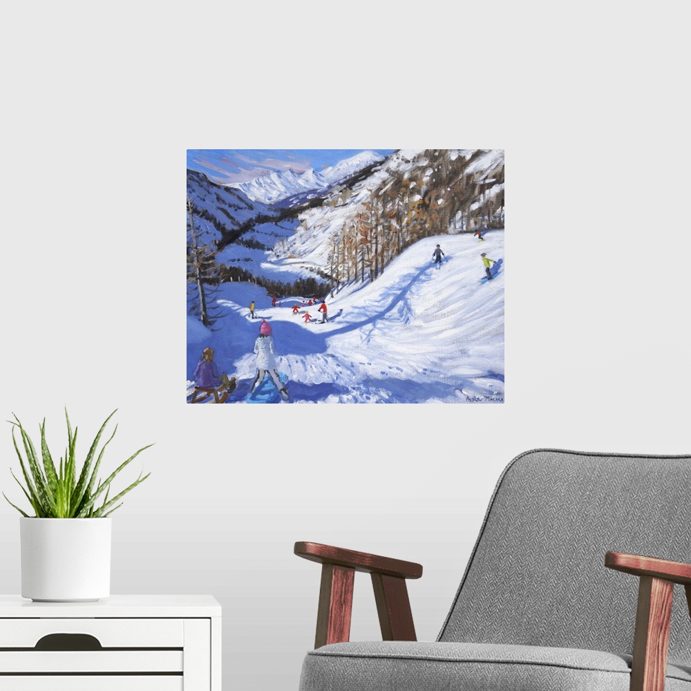 A modern room featuring Contemporary painting of a snowscape with people skiing down the slopes.