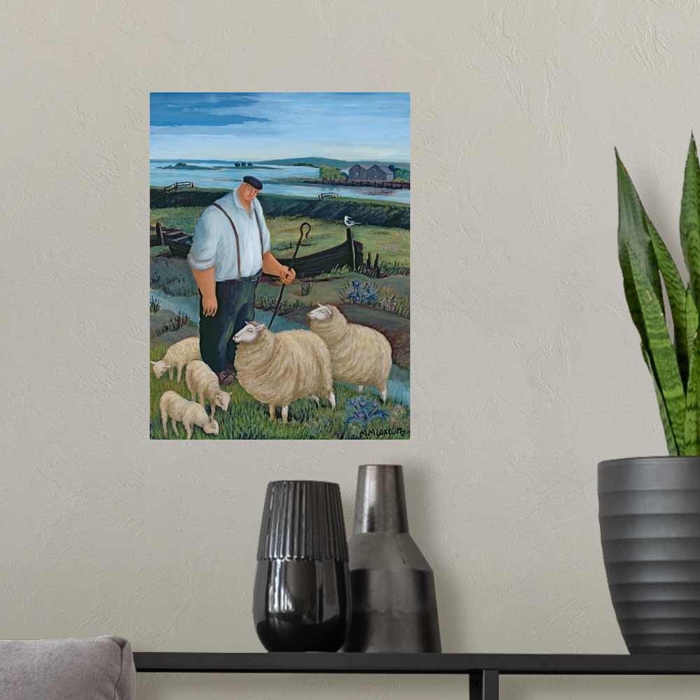 A modern room featuring Contemporary painting of a farmer tending to his flock of sheep.