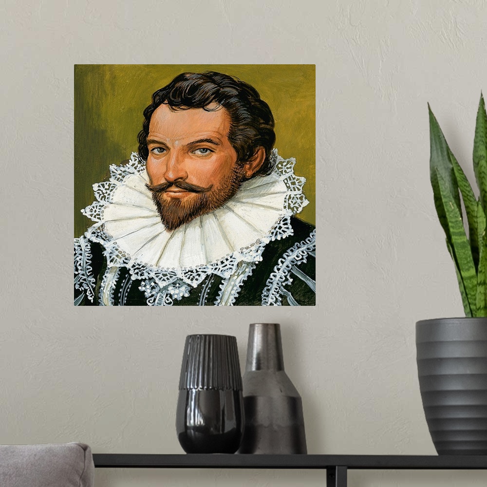 A modern room featuring Sir Walter Raleigh. Original artwork for Look and Learn.