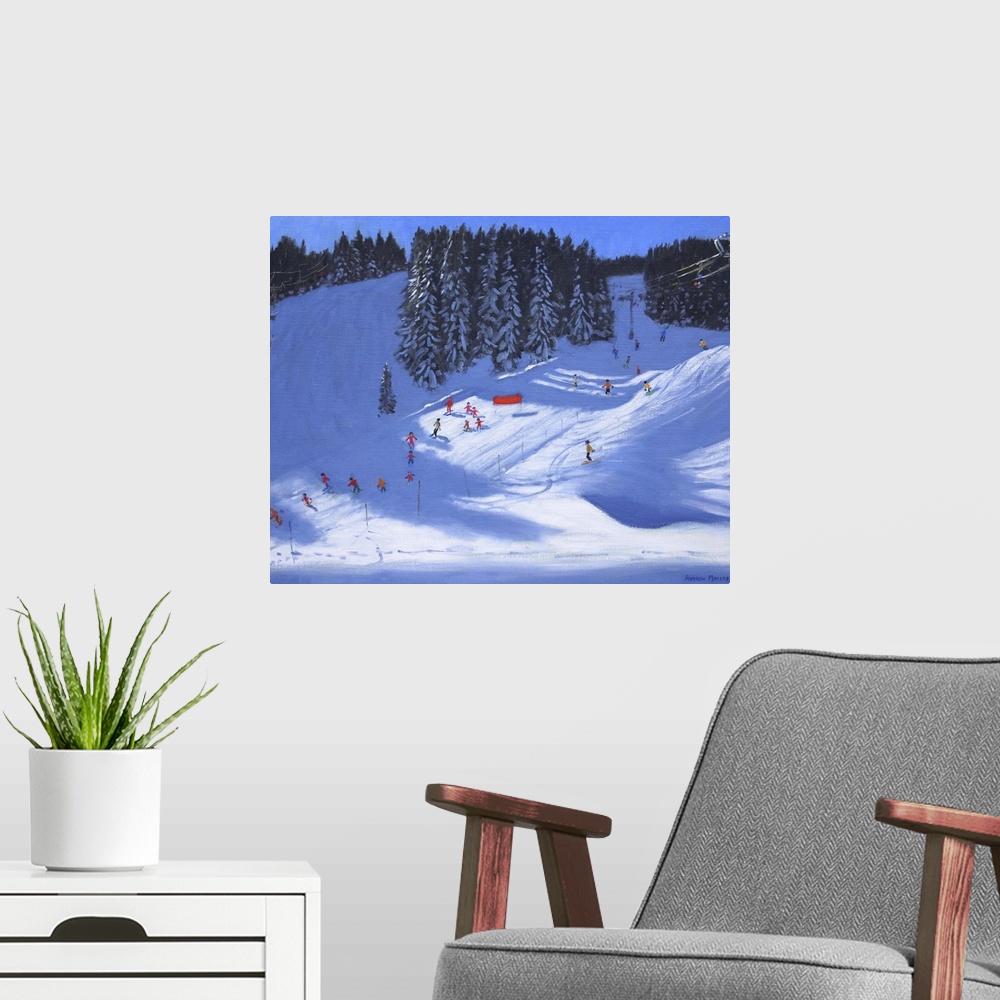 A modern room featuring Contemporary painting of a winter scene with people skiing down a hill.