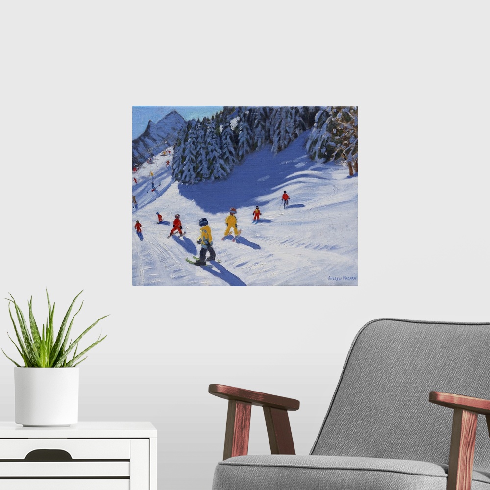 A modern room featuring Ski School, Morzine, 2015, oil on canvas.  By Andrew Macara.