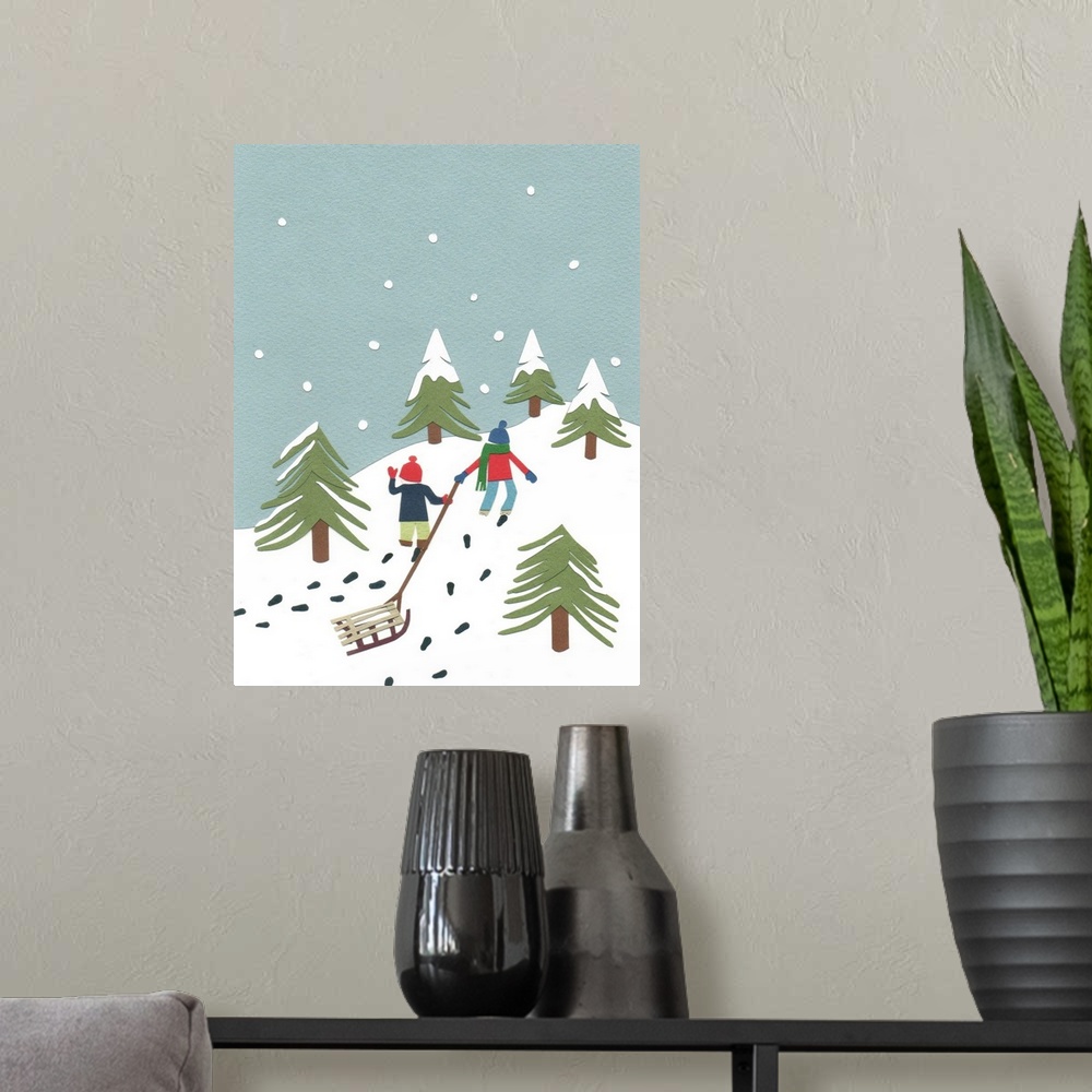 A modern room featuring Contemporary artwork of children climbing a hill with a sled