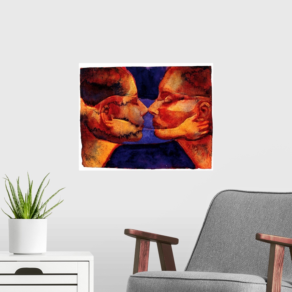 A modern room featuring Contemporary watercolor painting of two deep orange toned faces coming close together to kiss.
