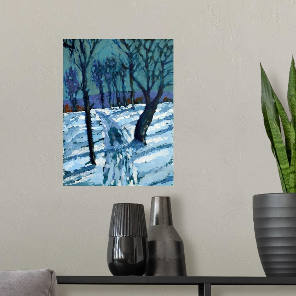 A modern room featuring Snow, 2015, originally acrylic on paper.