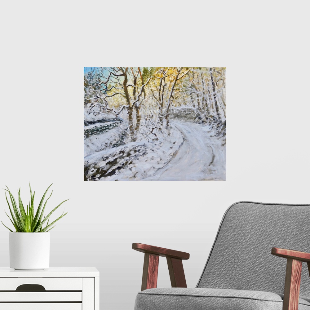 A modern room featuring Snow in the valley, Via Gellia, Derbyshire, 2017, (originally oil on canvas) by Macara, Andrew
