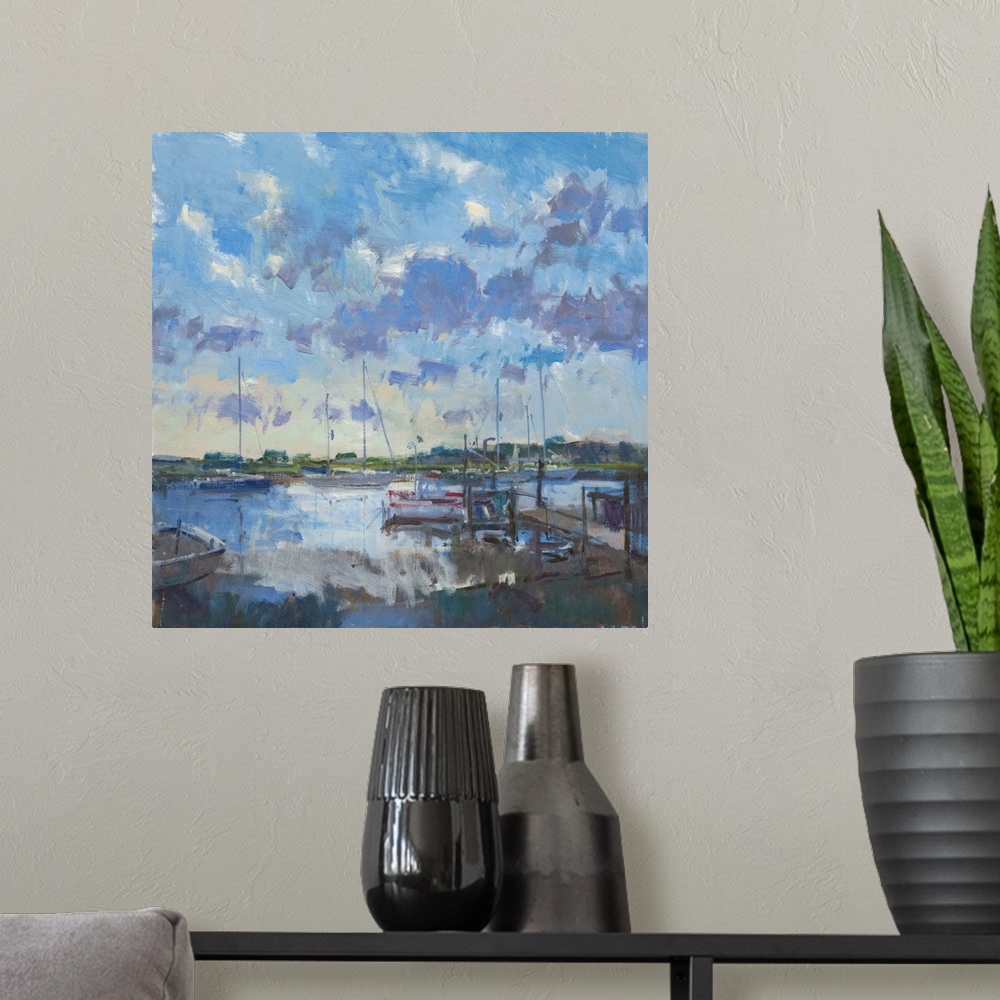 A modern room featuring Contemporary painting of boats in a harbor at dusk.