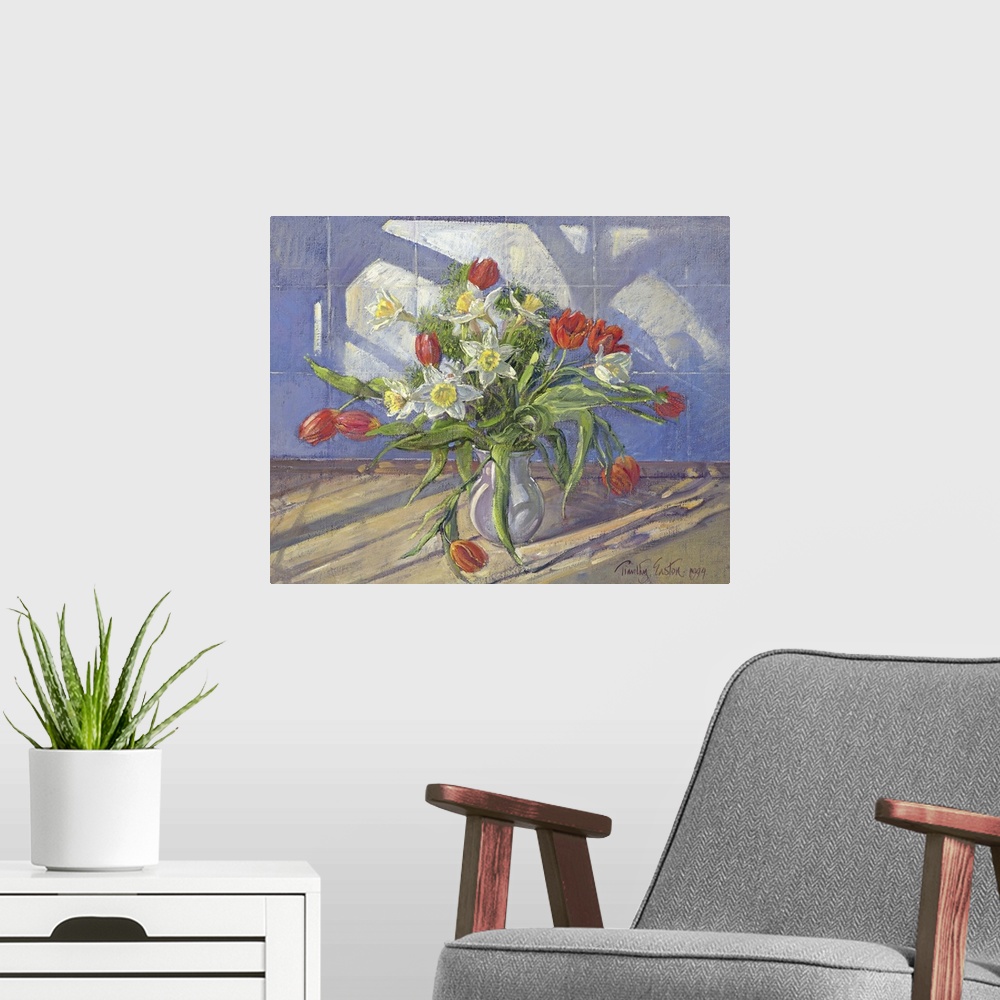 A modern room featuring EAS130763 Spring Flowers with Window Reflections, 1994 (oil on canvas) by Easton, Timothy ; Priva...