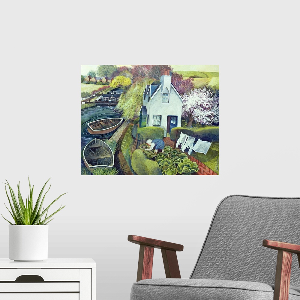 A modern room featuring Contemporary painting of a house on the river with boats docked.