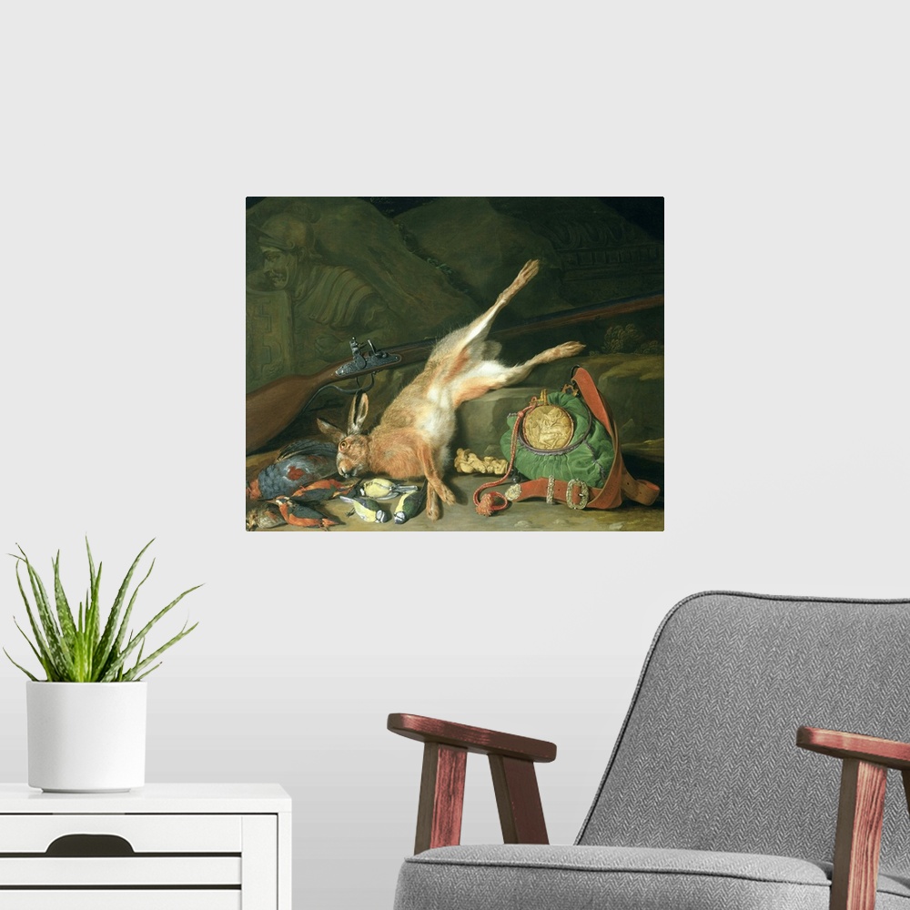 A modern room featuring Still Life of a Hare with Hunting Equipment