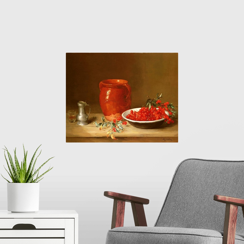A modern room featuring Still life of cherries in a bowl