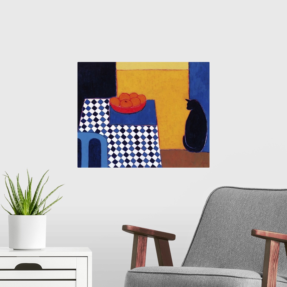 A modern room featuring EIT225398 Still Life with Boris, 2002 (acrylic on paper) by Donne, Eithne (b.1934) (Contemporary ...