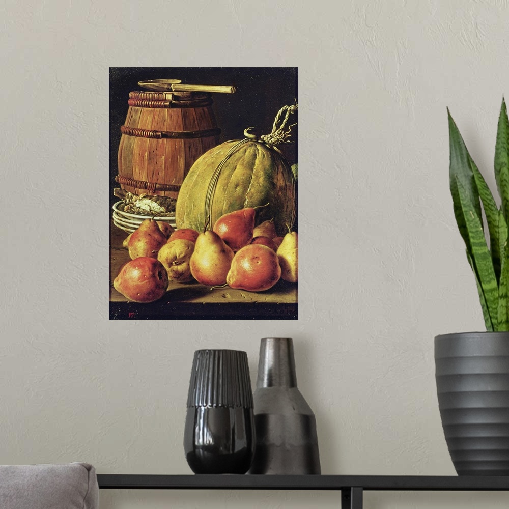 A modern room featuring Still Life with pears, melon and barrel for marinading