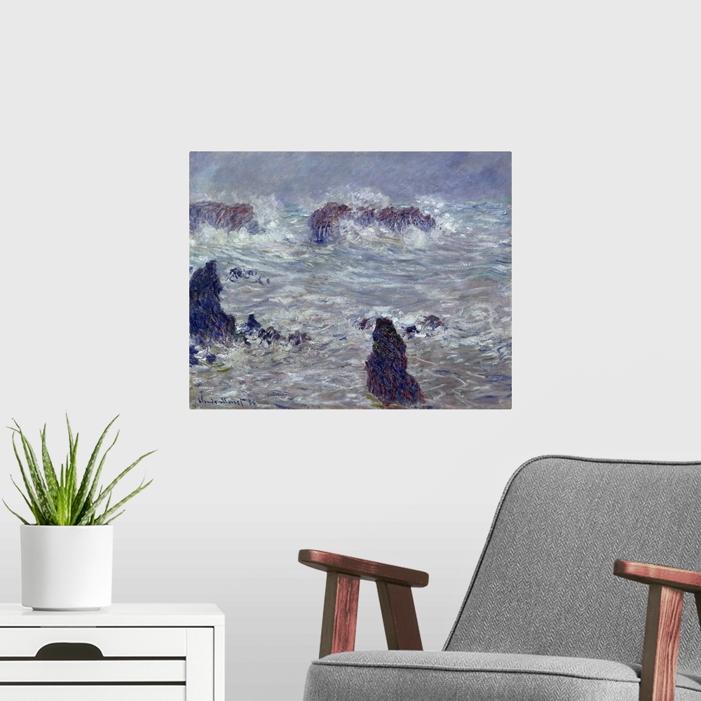 A modern room featuring Oil painting of rocky shoreline with crashing waves and rough seas.