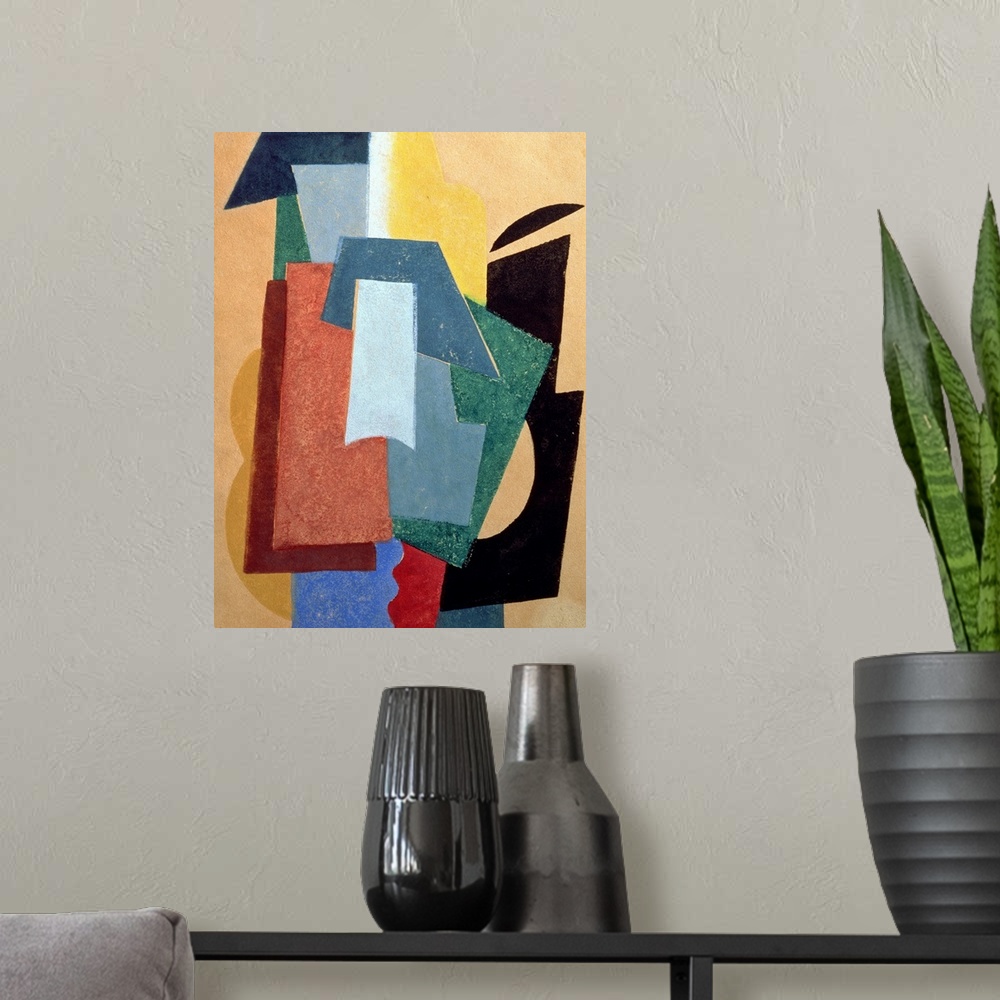 A modern room featuring Abstract art painting of bold block colors layered on top of each other.