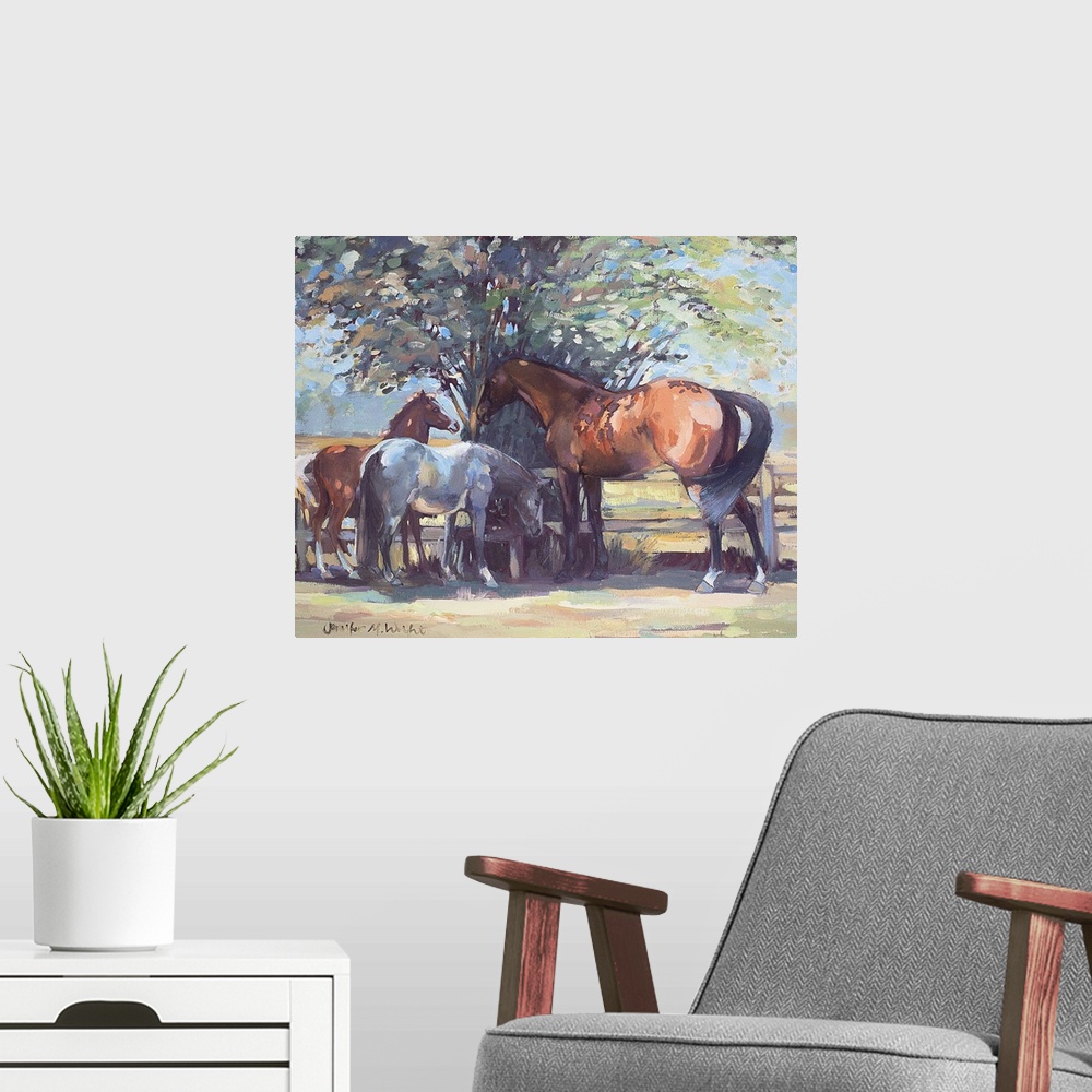 A modern room featuring Contemporary painting of a horse and ponies in the shade in summer.