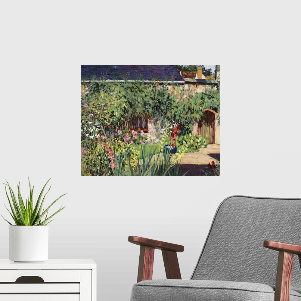 A modern room featuring Horizontal painting on a big wall hanging of a lush garden full of numerous flowers and foliage, ...