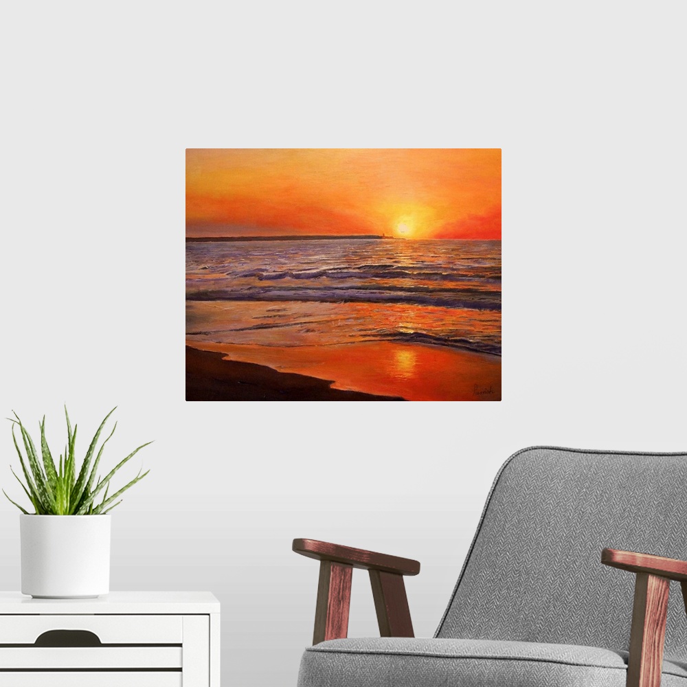 A modern room featuring This wall art for the home or office is a contemporary painting of the sun sinking below the hori...