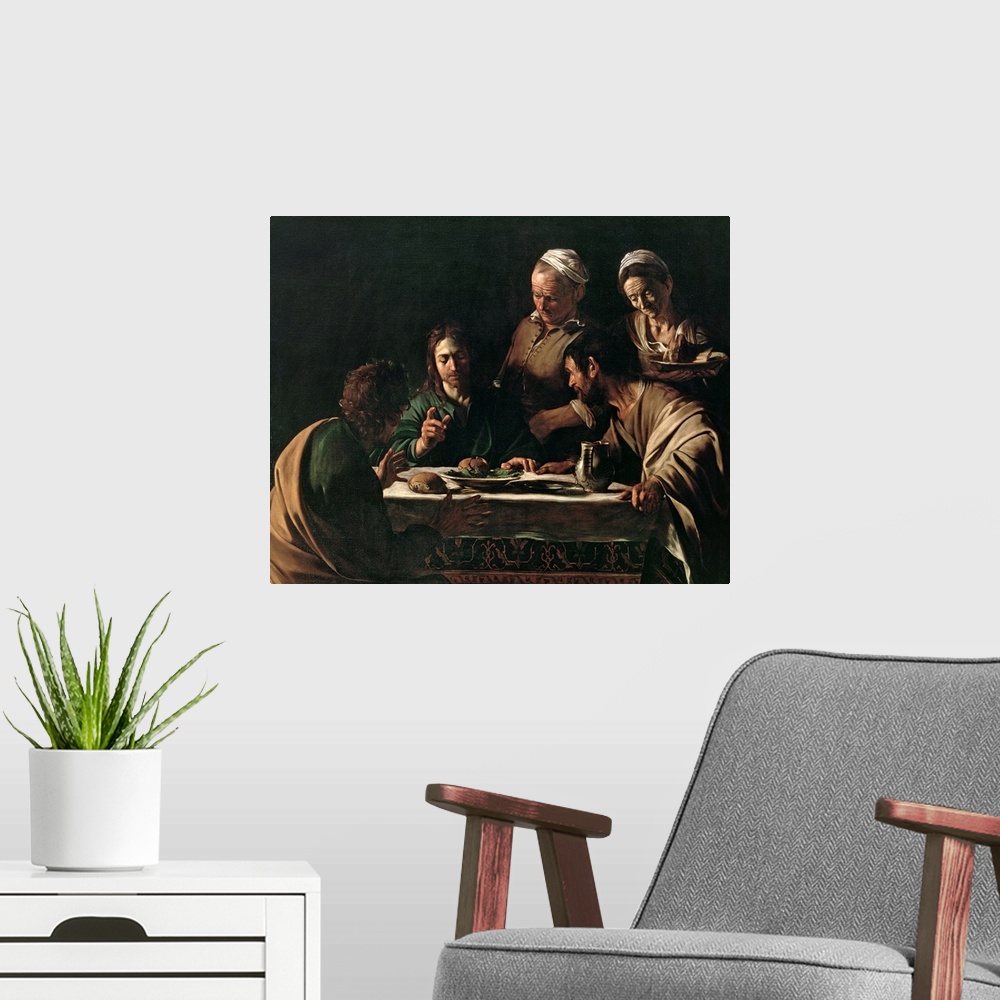 A modern room featuring XJL60976 Supper at Emmaus, 1606 (oil on canvas) (see also 169588)  by Caravaggio, Michelangelo Me...