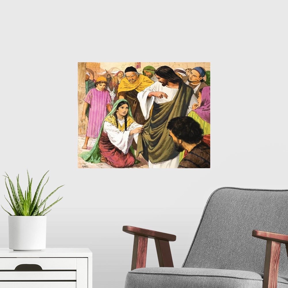 A modern room featuring The Amazing Love of Jesus: The Woman in the Crowd. Original artwork for illustration on page 9 of...