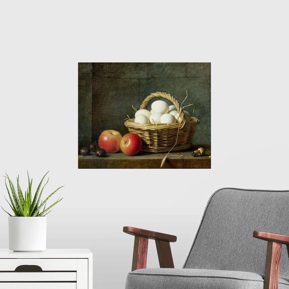 A modern room featuring XIR231553 The Basket of Eggs, 1788 (oil on canvas)  by Roland de la Porte, Henri (1724-93); 38x48...