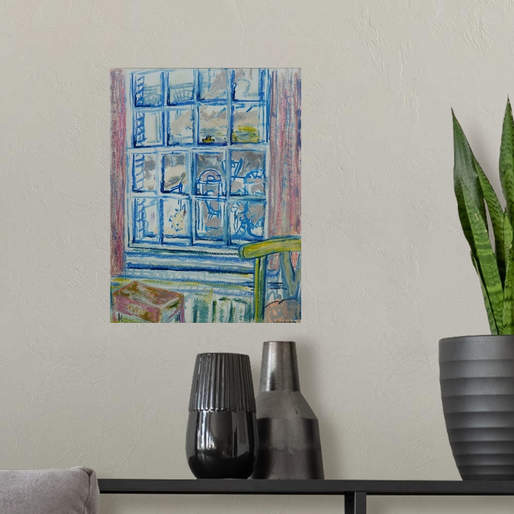 A modern room featuring Originally oil and pastel on paper.