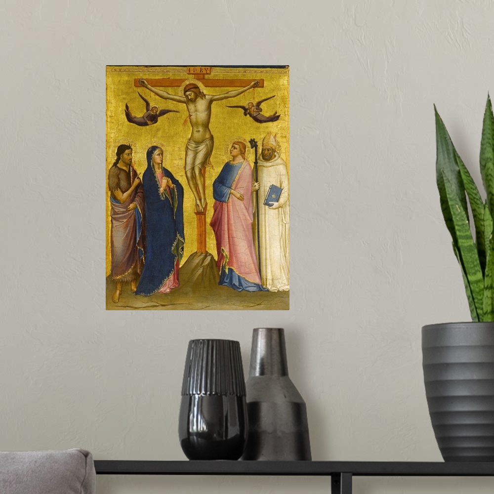 A modern room featuring Originally tempera and gold leaf on panel. The Crucifixion With St John The Baptist, The Virgin, ...