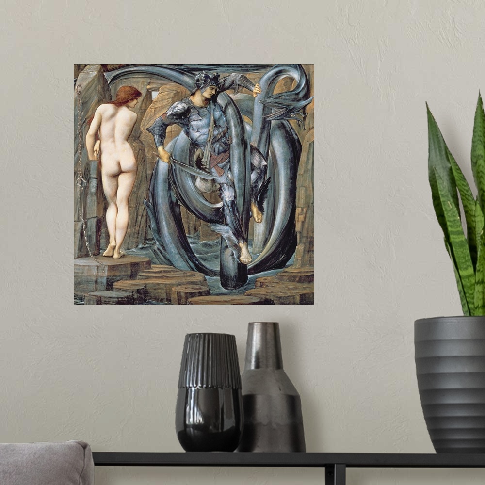 A modern room featuring The Doom Fulfilled (Perseus Slaying the Sea Serpent) c.1882