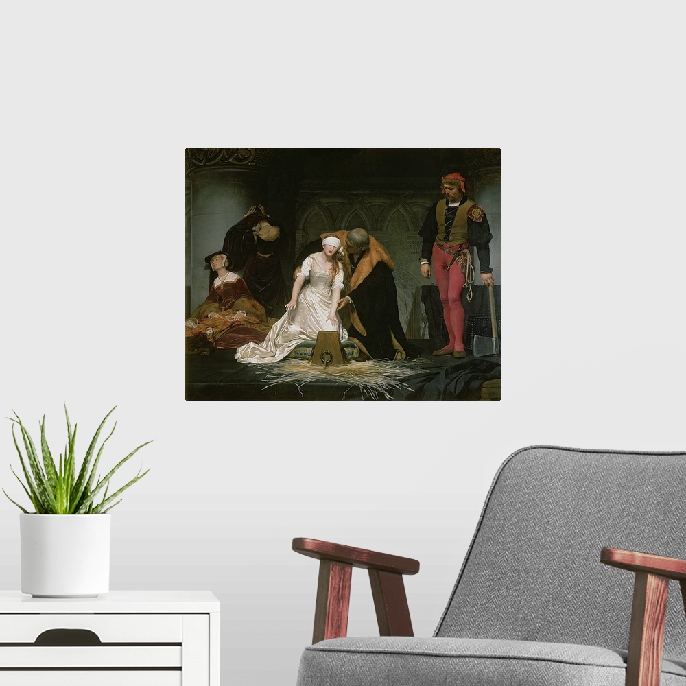 A modern room featuring BAL72630 The Execution of Lady Jane Grey, 1833 (oil on canvas)  by Delaroche, Hippolyte (Paul) (1...
