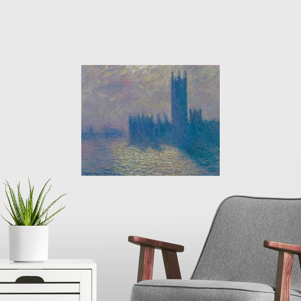 A modern room featuring Oil painting of castle silhouette.