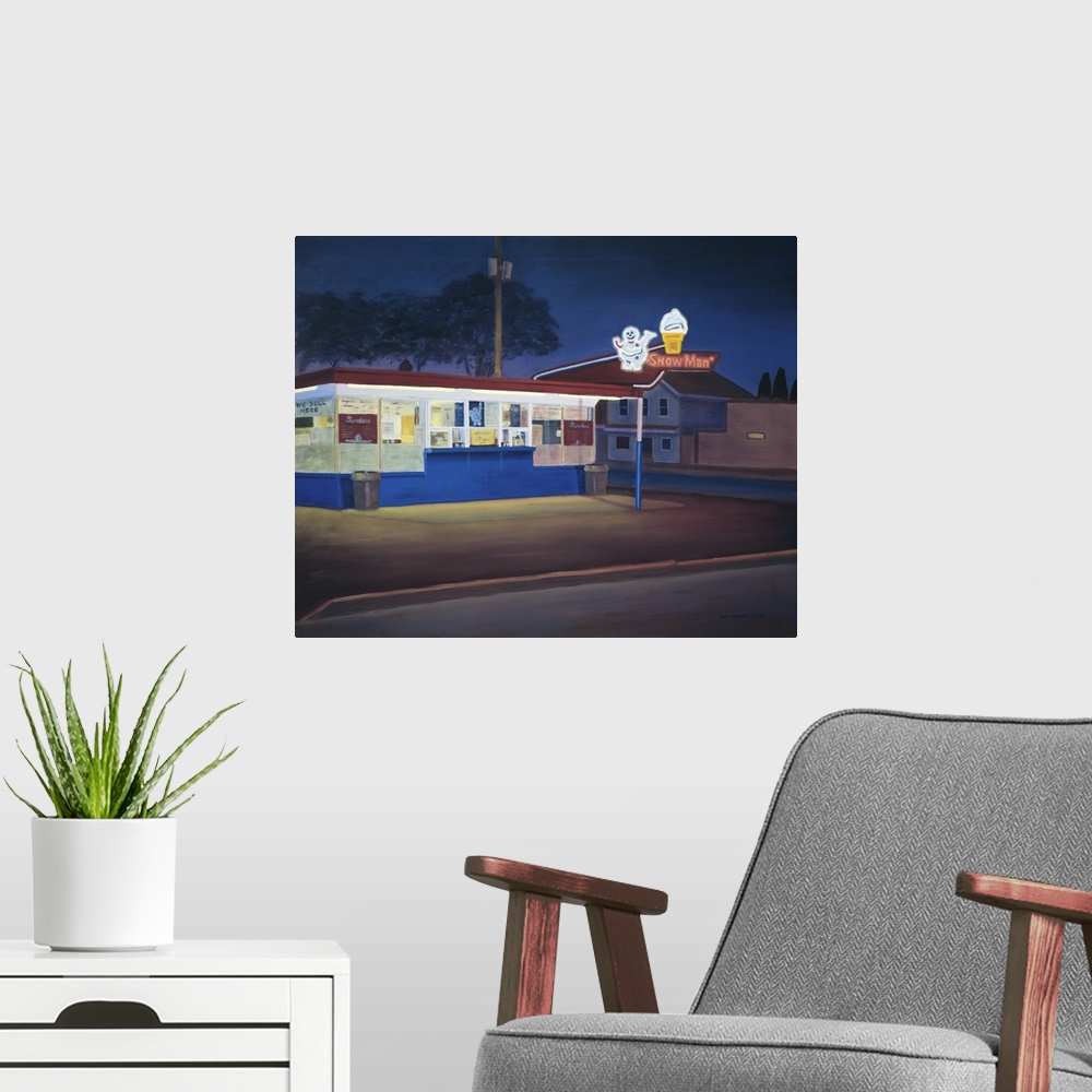 A modern room featuring Contemporary painting of an ice cream shop with a lit neon sign.