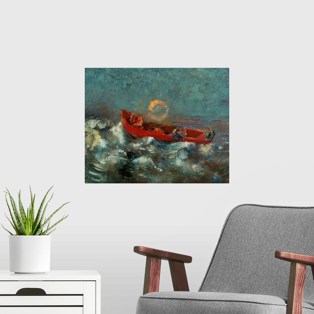 A modern room featuring XIR37340 The Red Boat, 1905 (oil on canvas)  by Redon, Odilon (1840-1916); 32x40.5 cm; Musee d'Or...