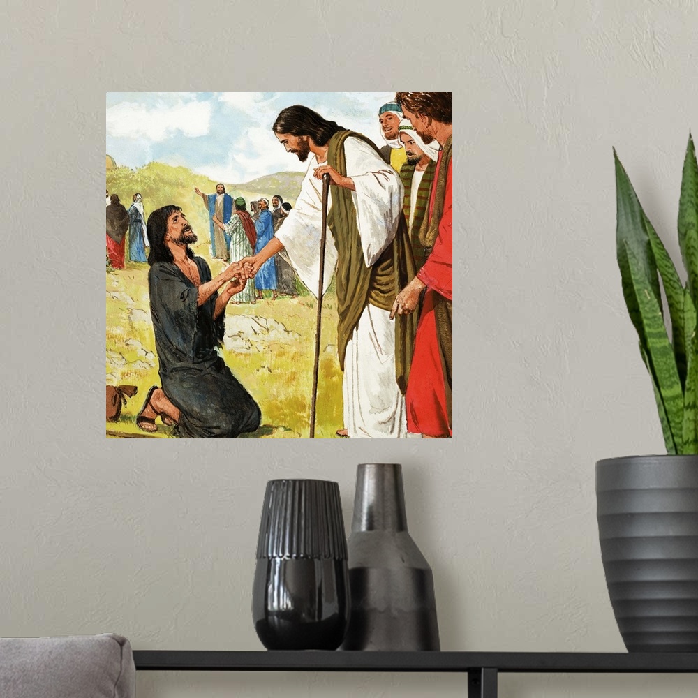 A modern room featuring The Miracles of Jesus: The Ten Lepers from St Luke's Gospel in The Bible. Original artwork for il...