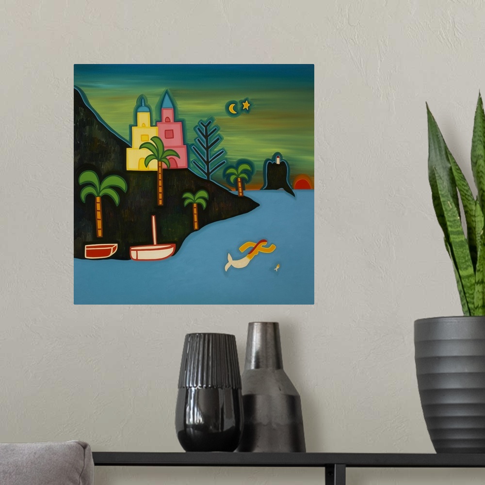 A modern room featuring Contemporary painting of a mermaid swimming near a tropical shoreline.
