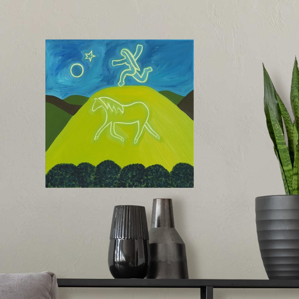 A modern room featuring Contemporary painting of a large figure of a horse on a hill.