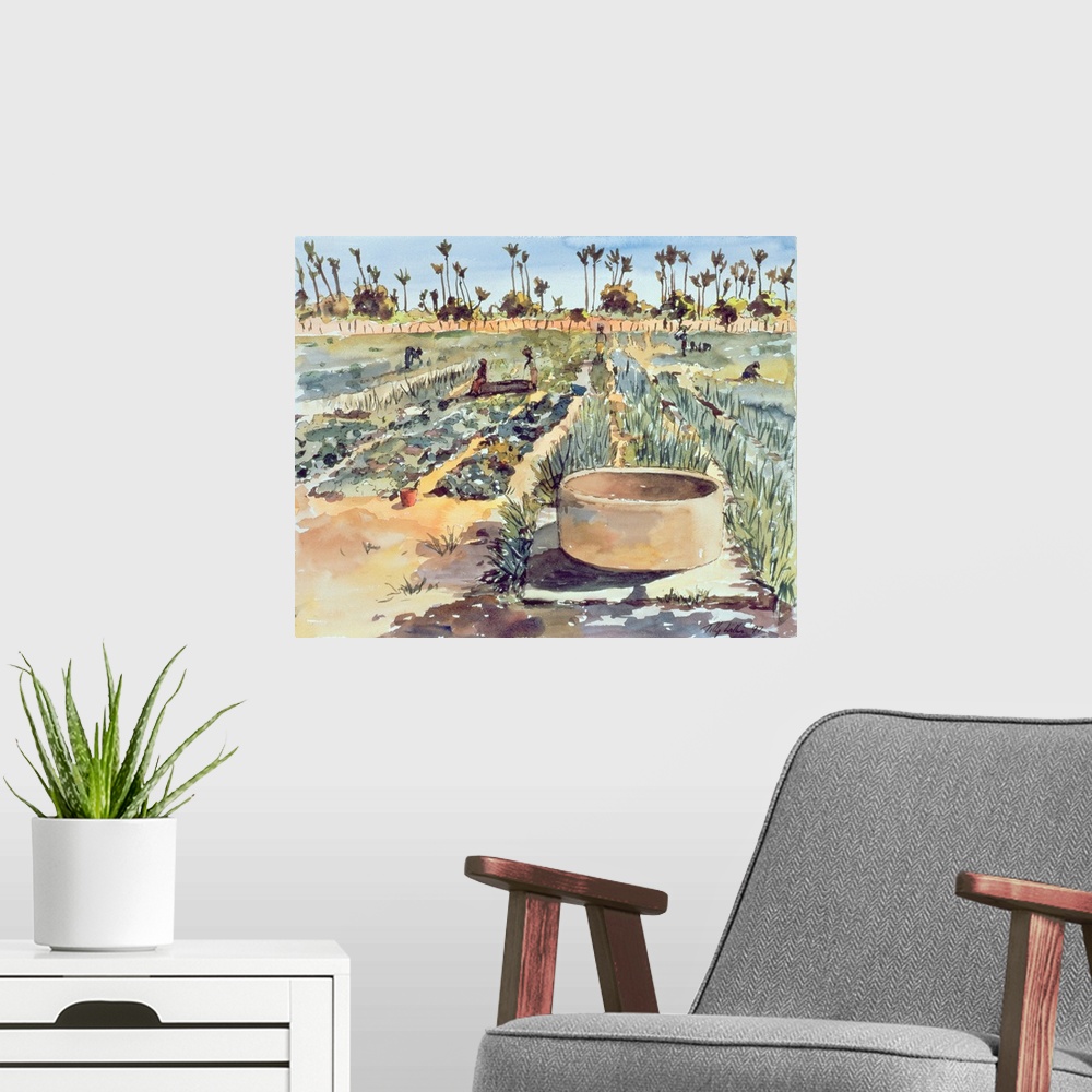 A modern room featuring Contemporary painting of a field of crops in Senegal.