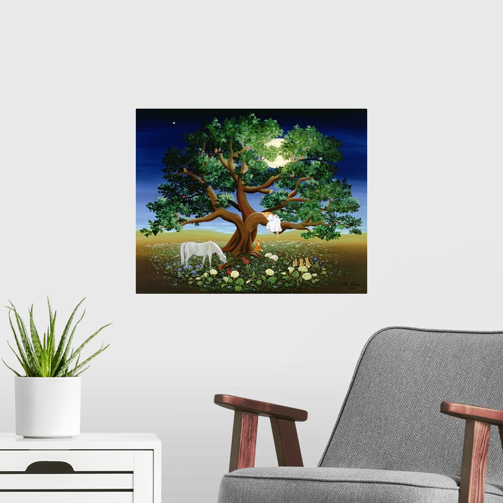 A modern room featuring Fantasy painting of a girl sleeping on the branch of a large tree with many animals and plants be...
