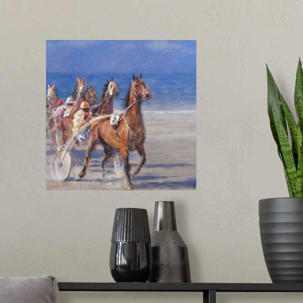A modern room featuring Contemporary painting of a horse cart race on the beach in Brittany, France.