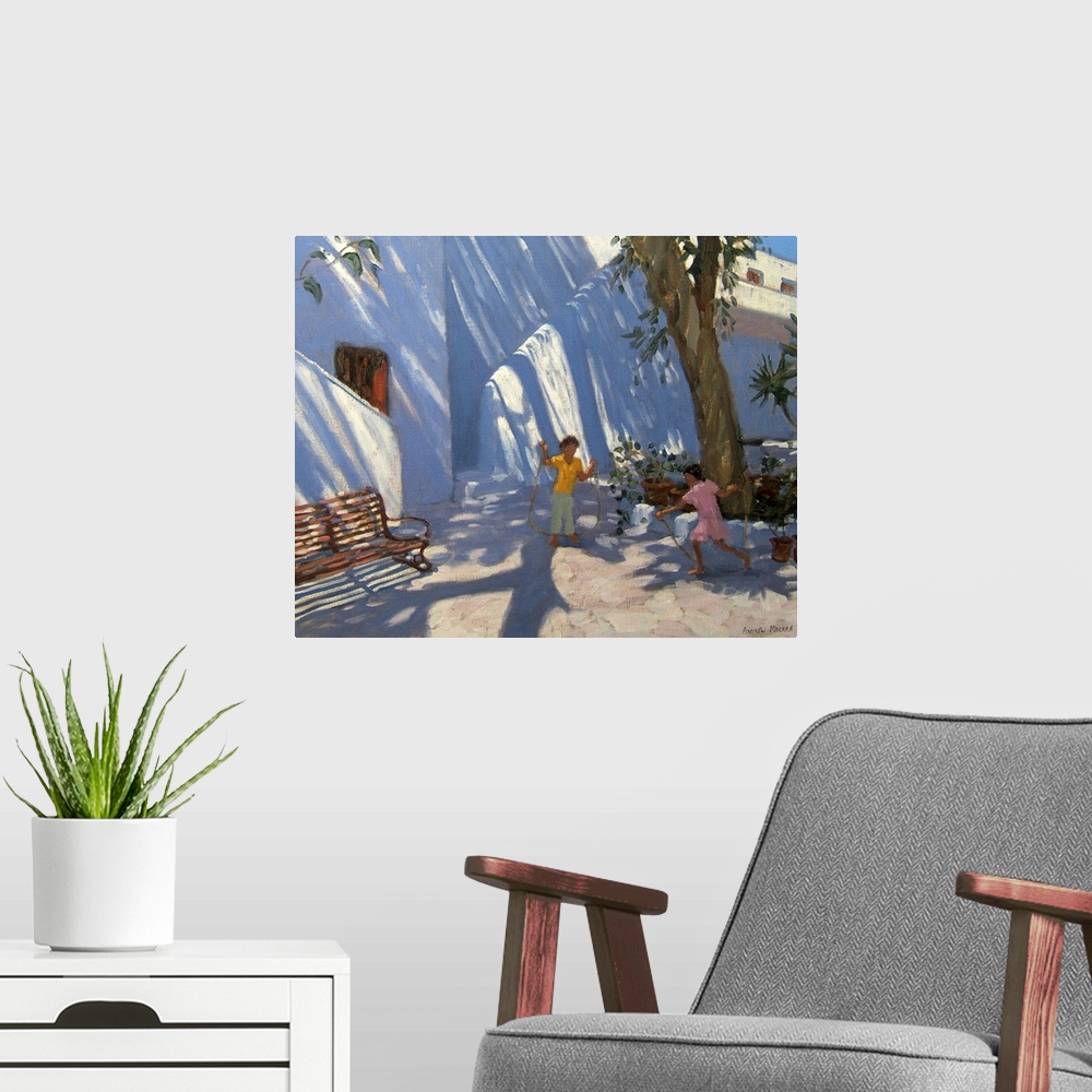 A modern room featuring Two girls skipping, Mykonos