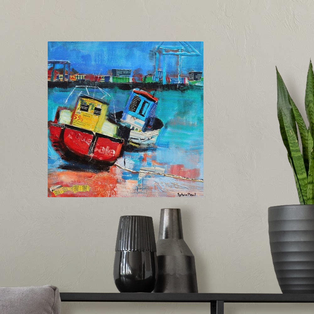 A modern room featuring Contemporary painting of fishing boats moored on the shoreline of a harbor town.